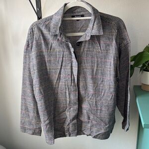 Madewell Plaid Button-Up Shirt - Gray and Pink